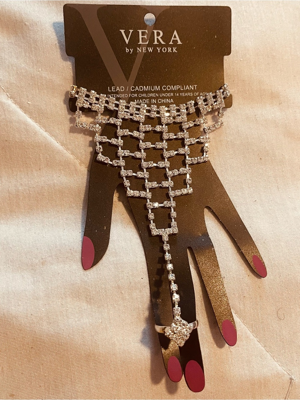 Vera by New York Silver Block Chain Bracelet/Ring with Clear Crystal Accents